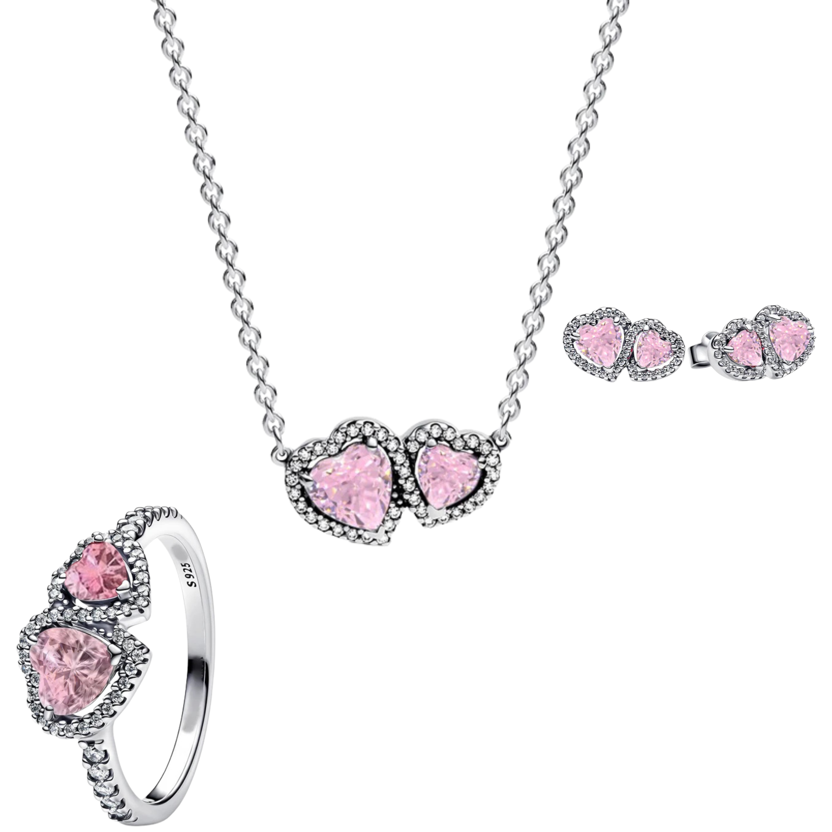 Conjunto Doble Corazon Rosa (Anillo + Collar + Pendientes)