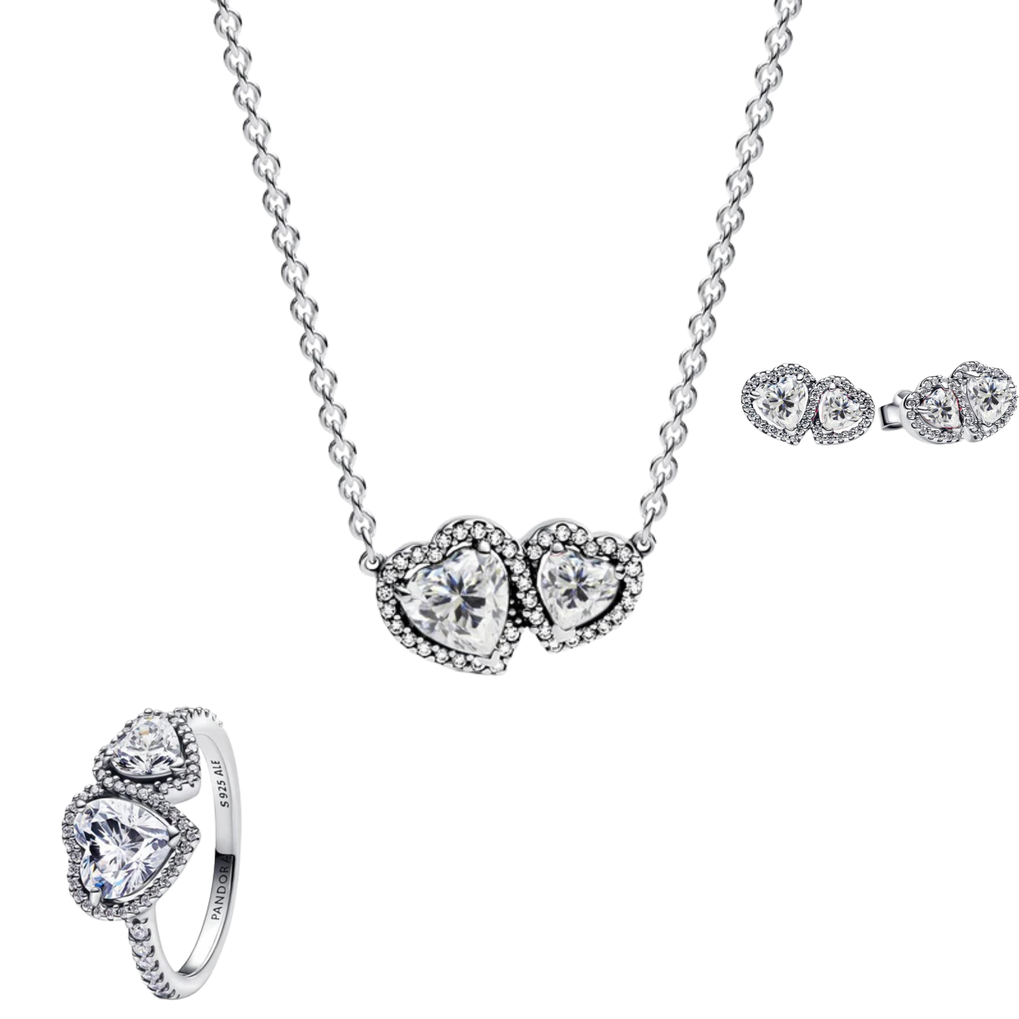 Conjunto Doble Corazon Blanco (Anillo + Collar + Pendientes)