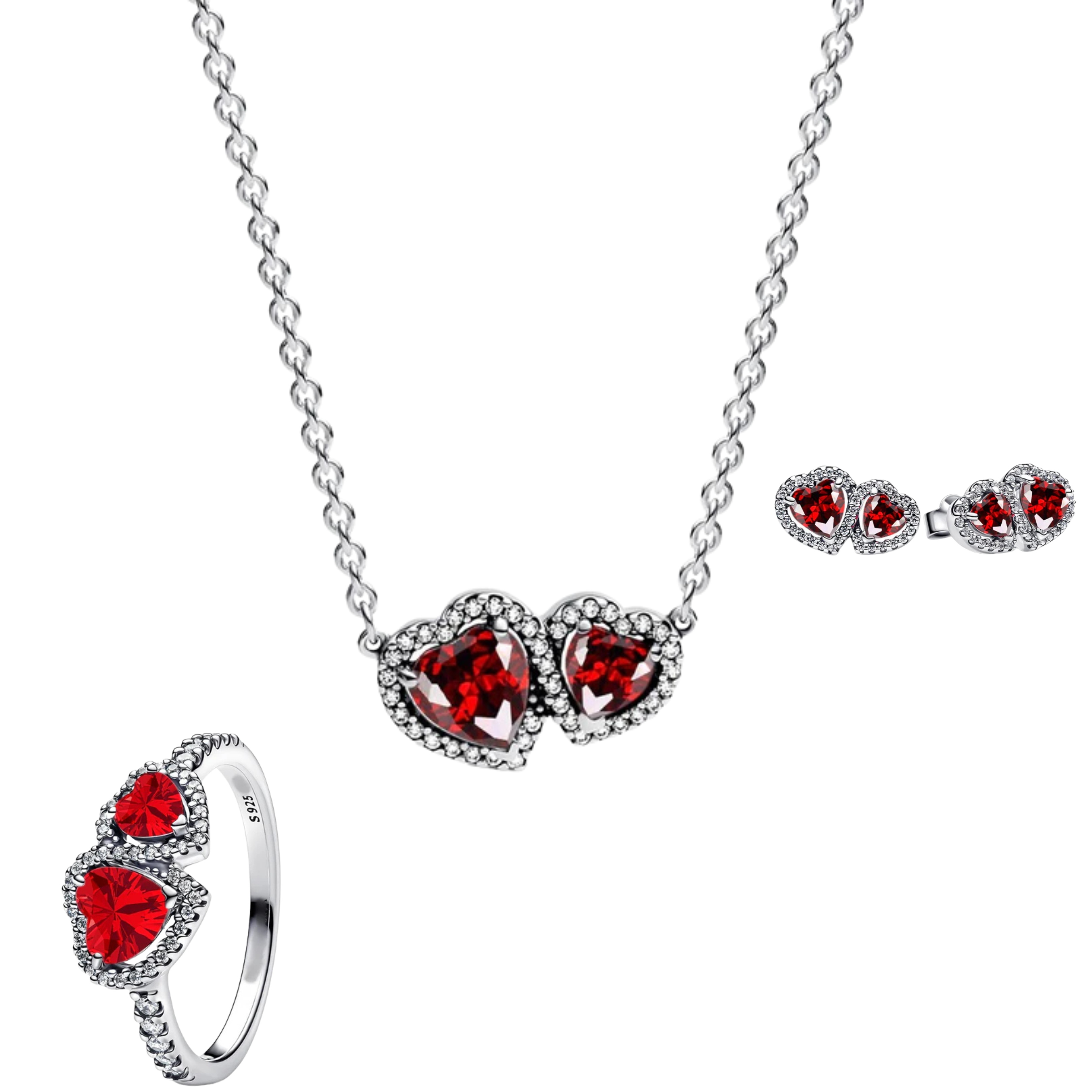 Conjunto Doble Corazon Rojo (Anillo + Collar + Pendientes)