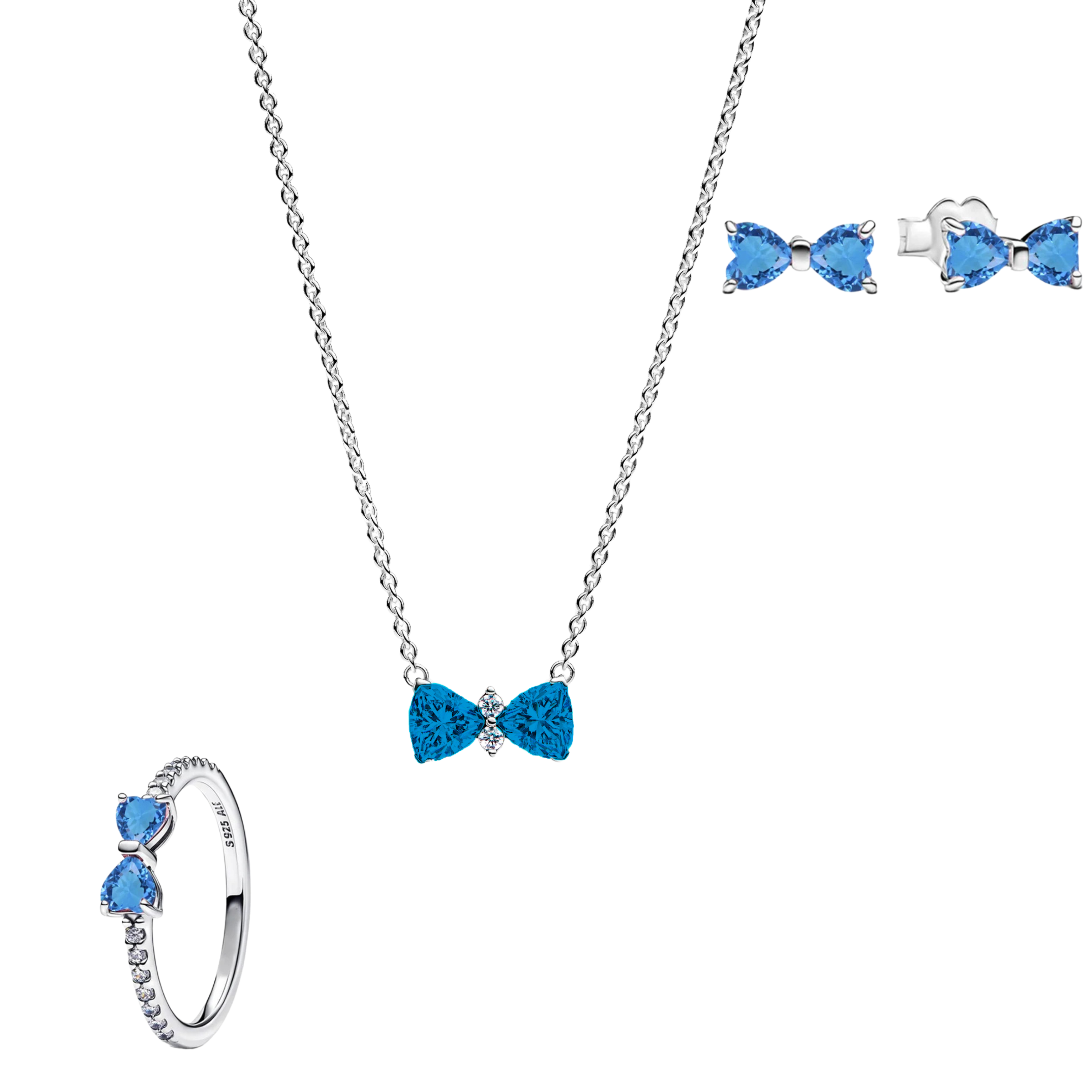 Conjunto Lazo Azul Celeste (Anillo + Collar + Pendientes)