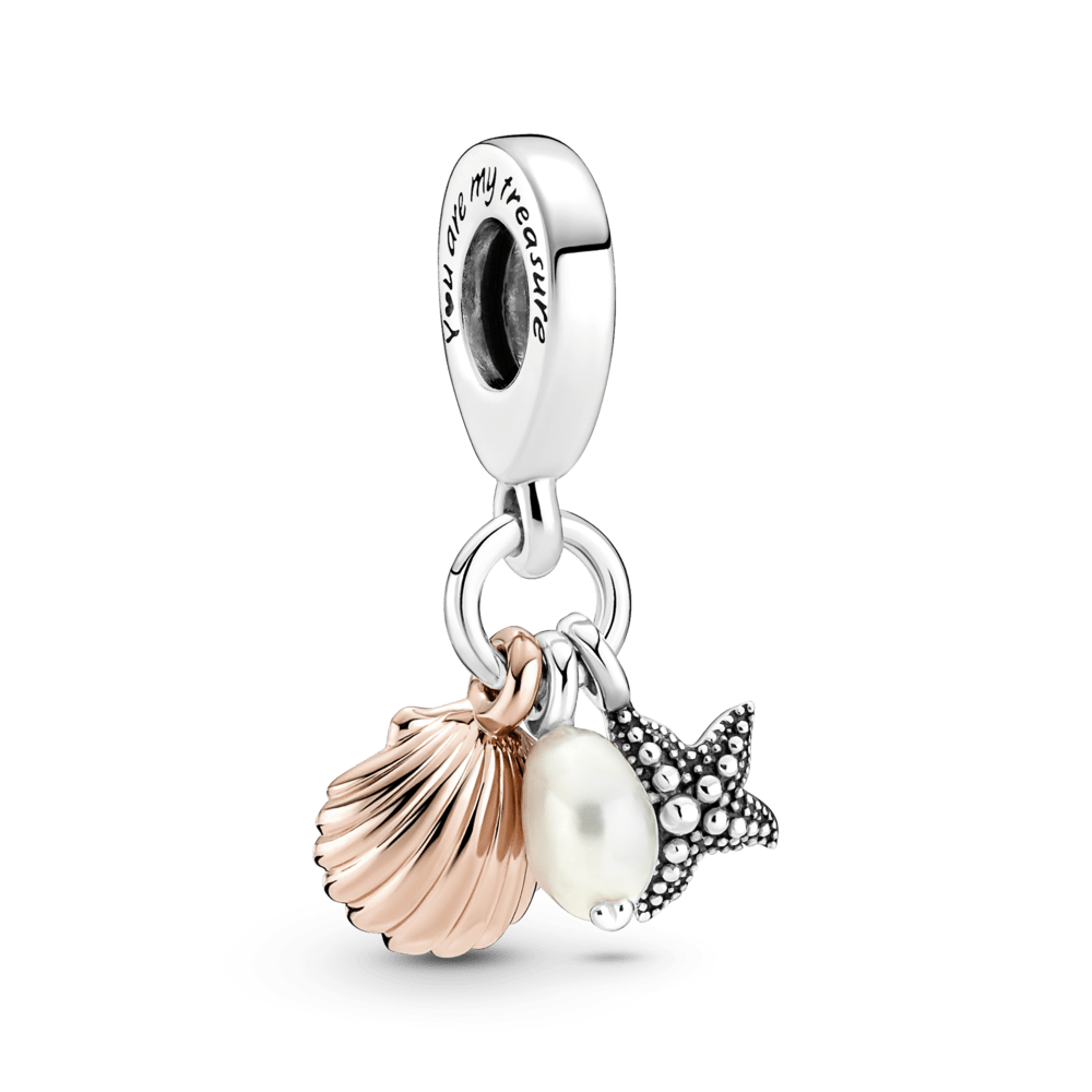 Charm Colgante Triple Perla Cultivada de Agua Dulce, Estrella de Mar y Concha