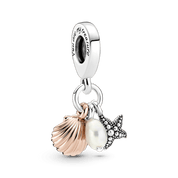 Charm Colgante Triple Perla Cultivada de Agua Dulce, Estrella de Mar y Concha