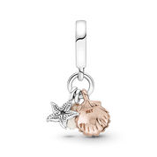 Charm Colgante Triple Perla Cultivada de Agua Dulce, Estrella de Mar y Concha