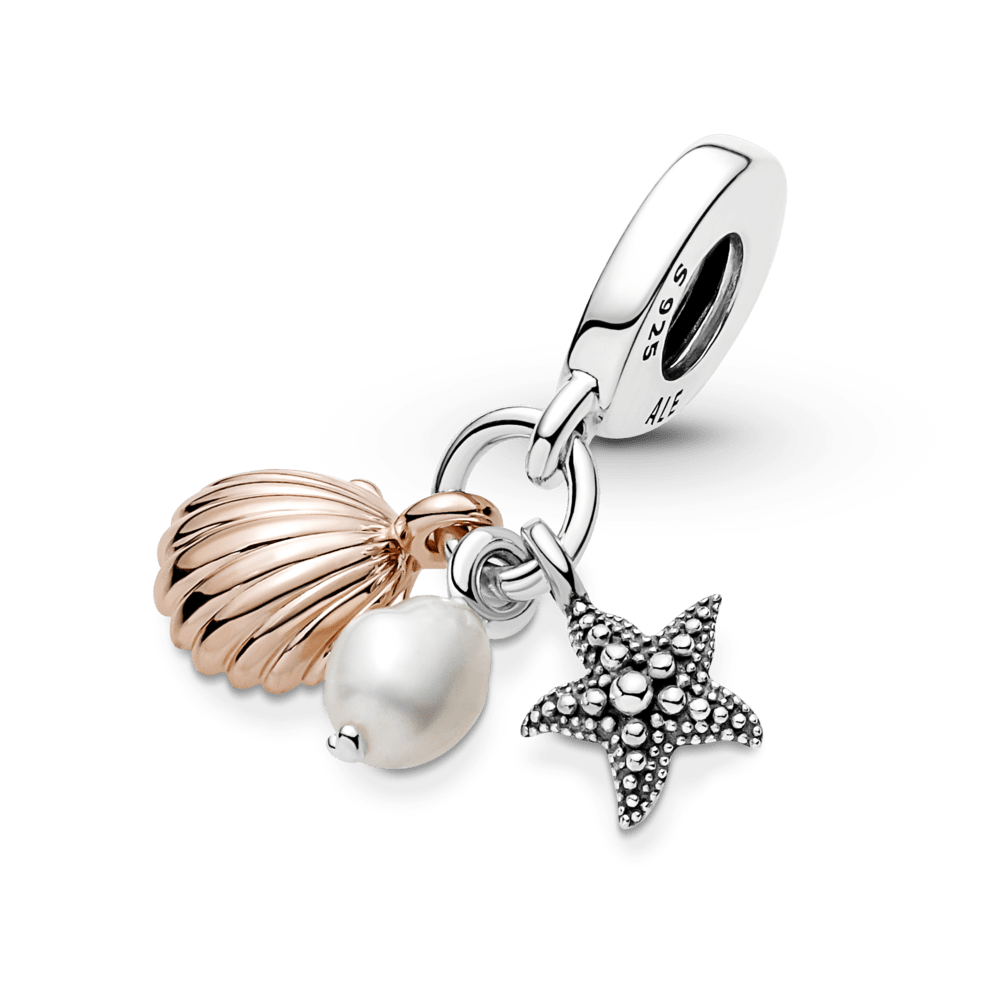 Charm Colgante Triple Perla Cultivada de Agua Dulce, Estrella de Mar y Concha