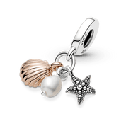 Charm Colgante Triple Perla Cultivada de Agua Dulce, Estrella de Mar y Concha