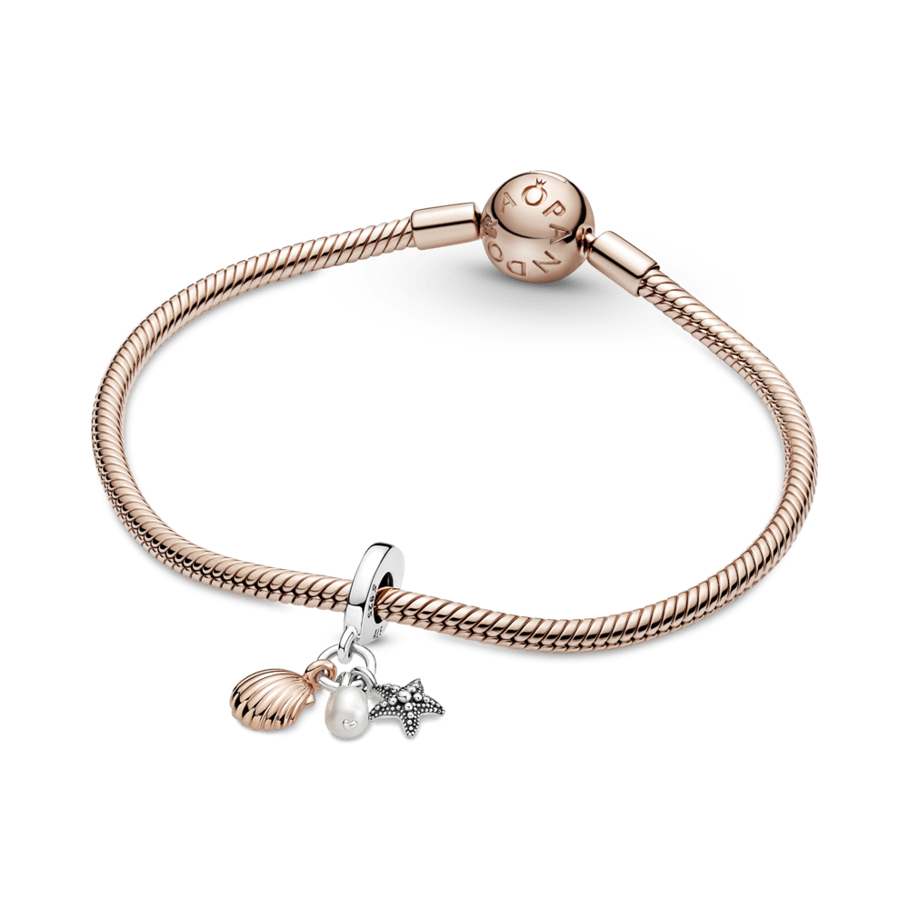 Charm Colgante Triple Perla Cultivada de Agua Dulce, Estrella de Mar y Concha