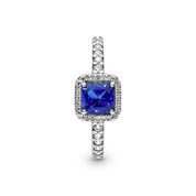 Anillo Cuadrado Azul con Halo Brillante Pandora Plata Esterlina