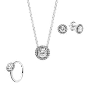 Conjunto en plata de ley Elegancia Clásica Redondo (Anillo + Collar + Pendientes)