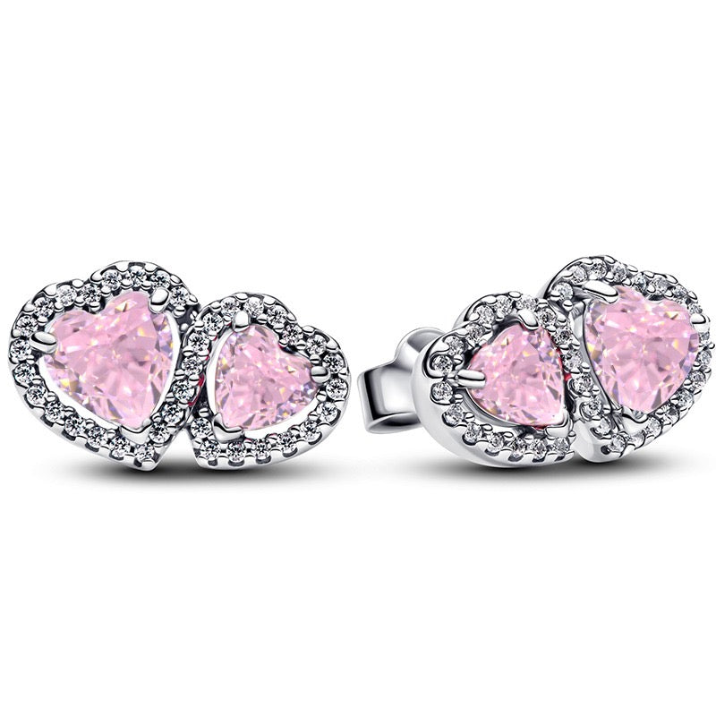 Pendientes Doble Corazón Rosa