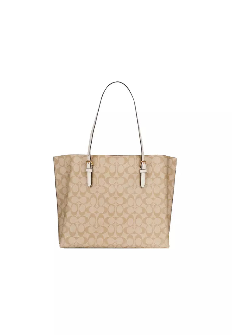 Coach Mollie Tote 30 en Lona Signature Beige con Asas Blancas