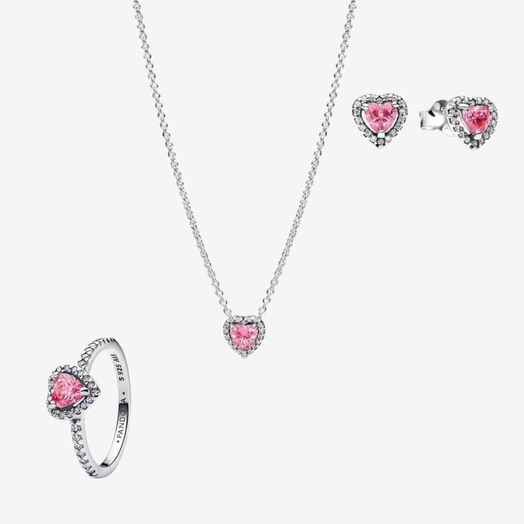 Conjunto Corazon En Relieve Rosa (Anillo + Collar + Pendientes)