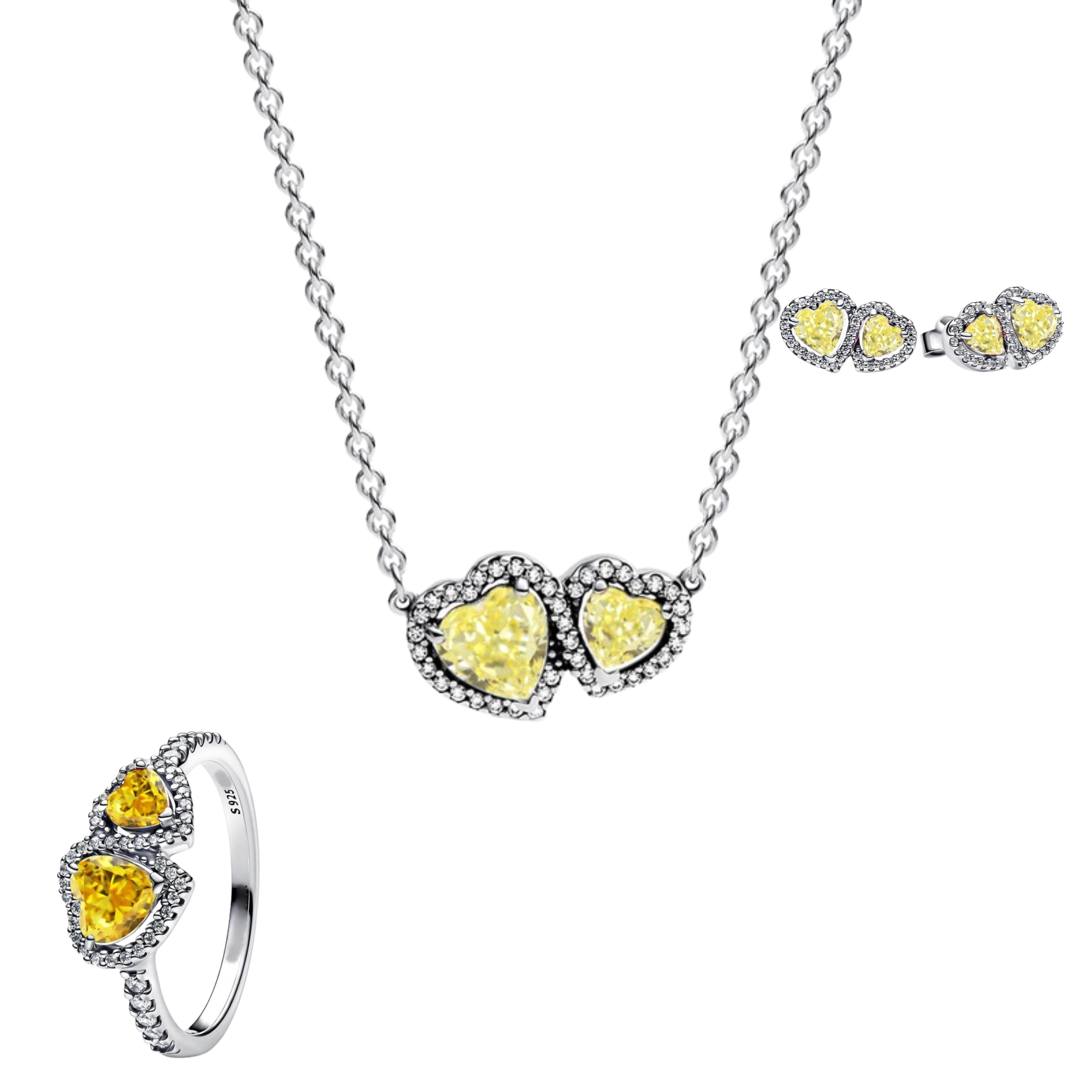 Conjunto Doble Corazon Amarillo (Anillo + Collar + Pendientes)