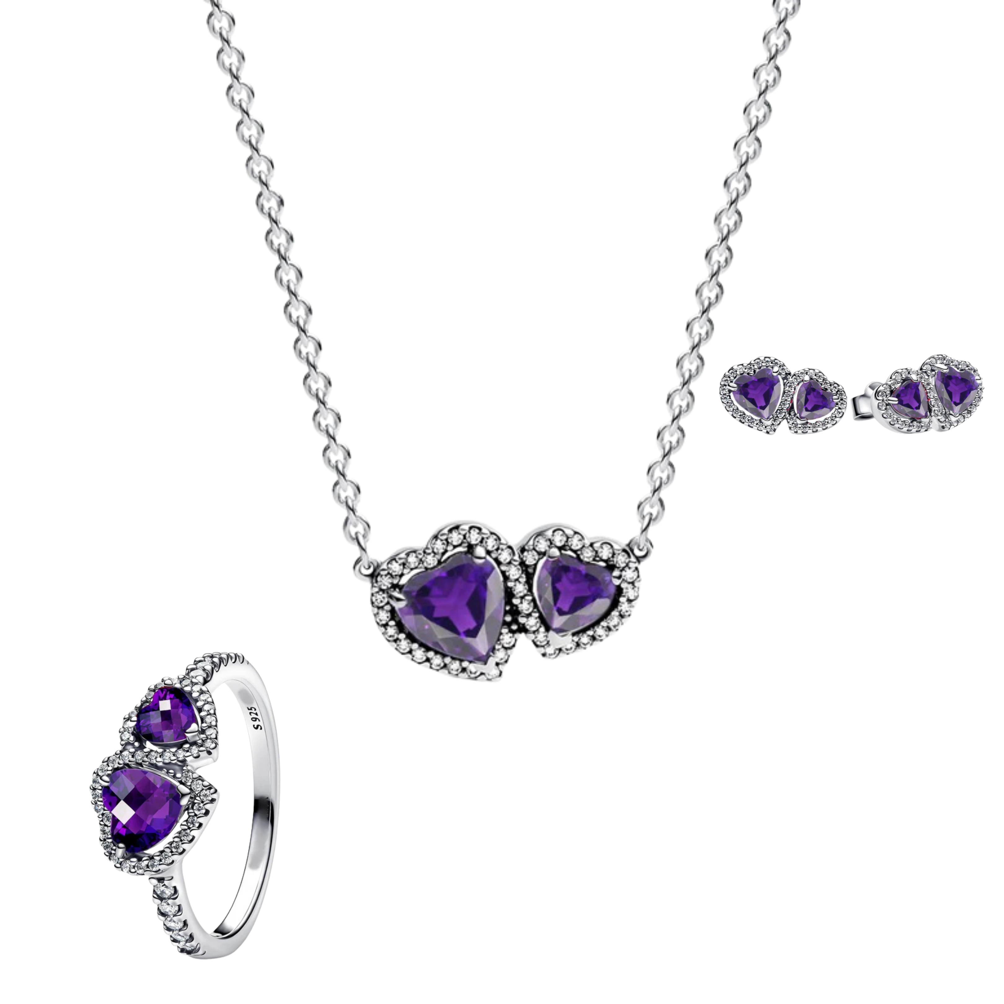 Conjunto Doble Corazon Morado (Anillo + Collar + Pendientes)