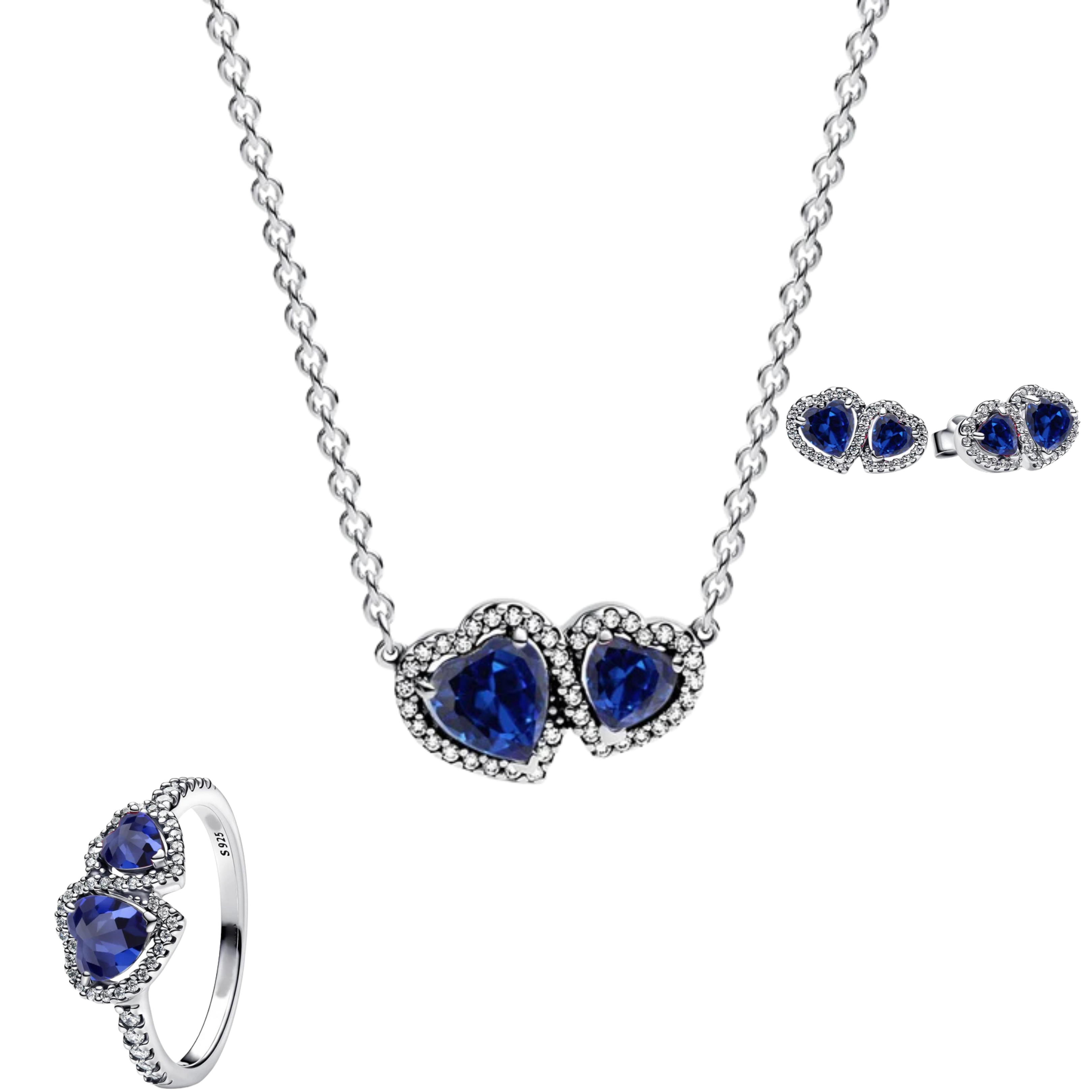 Conjunto Doble Corazon Azul (Anillo + Collar + Pendientes)