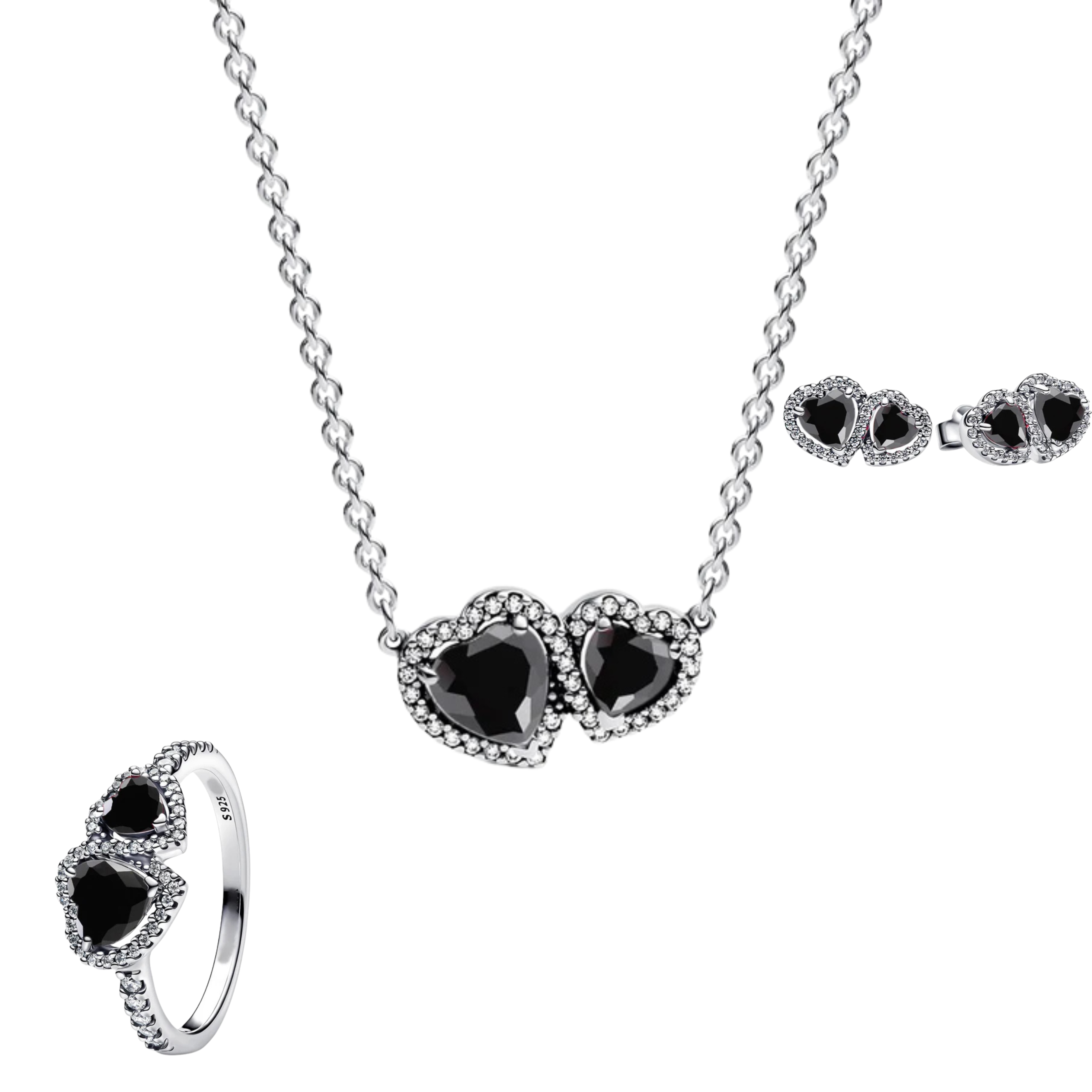 Conjunto Doble Corazon Negro (Anillo + Collar + Pendientes)