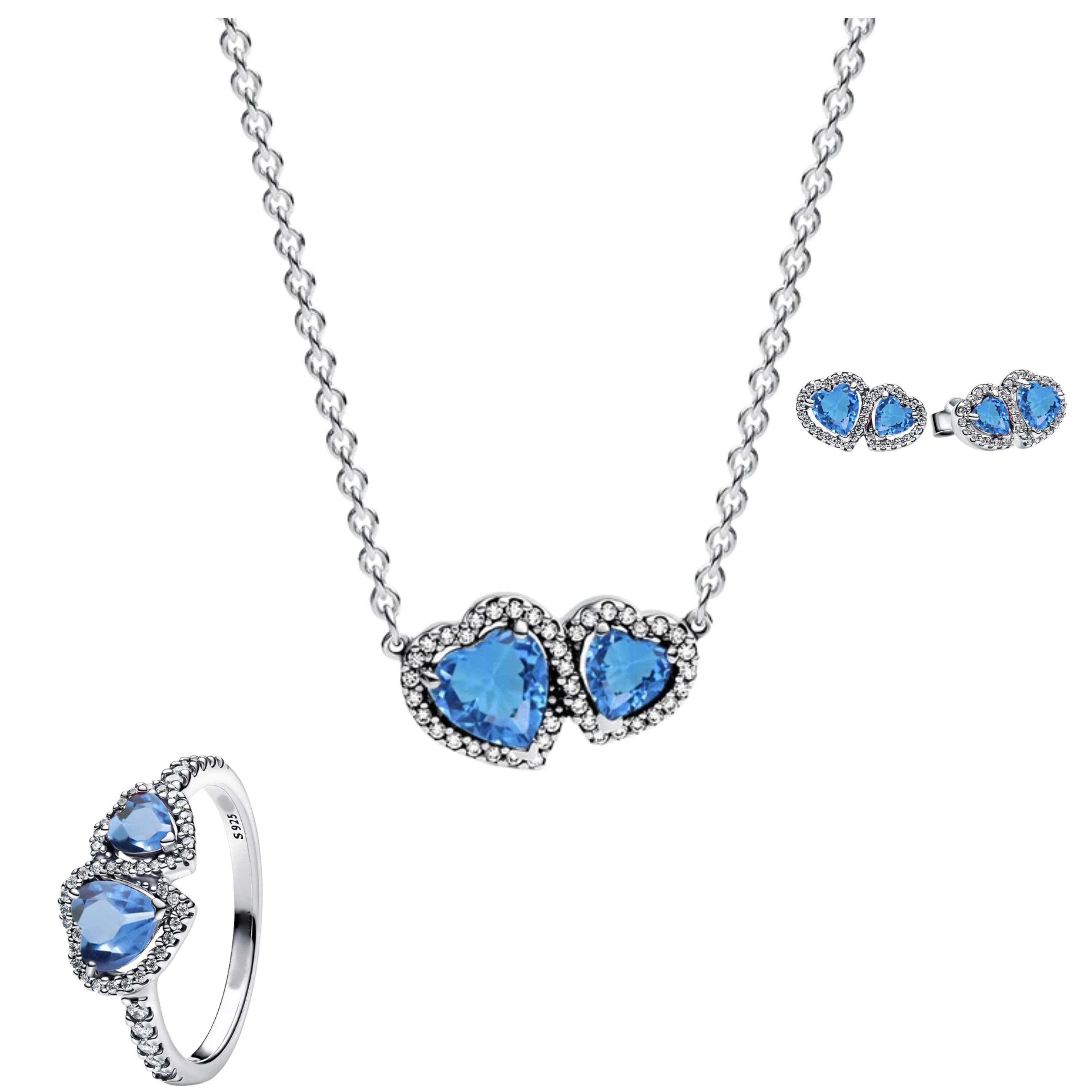 Conjunto Doble Corazon Azul Celeste (Anillo + Collar + Pendientes)