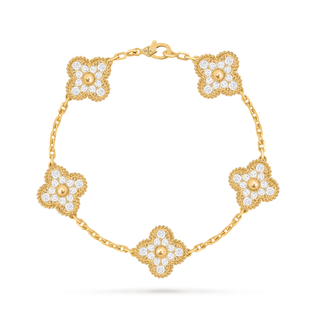 Pulsera Van Cleef Alhambra vintage 5 Tréboles Dorado con Piedras