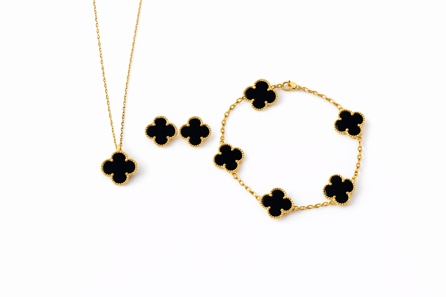 Conjunto Alhambra vintage Tréboles Negros (Collar + Pulsera + Pendientes)